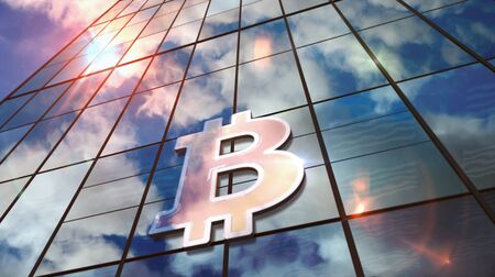 Bitcoin Blockchain technology on glass building. Mirrored sky on modern facade. Cyber business, e-market, cryptocurrency, virtual money and digital finance concept in 3D rendering illustration.の写真素材