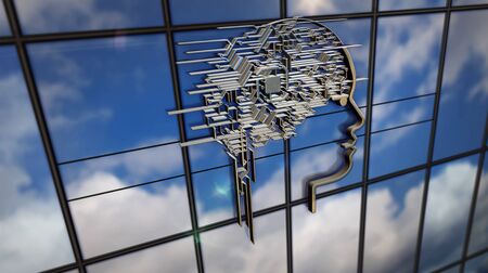 AI head symbol on glass building. Mirrored sky and city on modern facade. Artificial intelligence and cybernetic brain center concept 3D rendering illustration.の写真素材