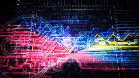 Cyber security key futuristic 3D rendering illustration. Concept of data encryption, computer protection and internet safety. Abstract light line symbol in deep 3d perspective.の写真素材