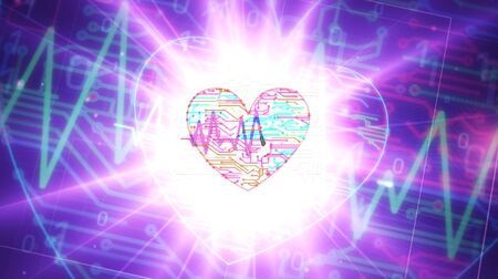 Cyber heart pulse futuristic 3D rendering illustration. Abstract digital intro background. Concept of romance, love, health, medicine and advanced cybernetic technology.の写真素材