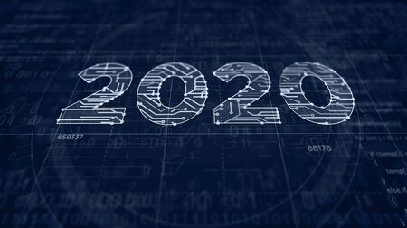 2020 year number project creating. Abstract concept 3d illustration. Drawing digital scheme line of...