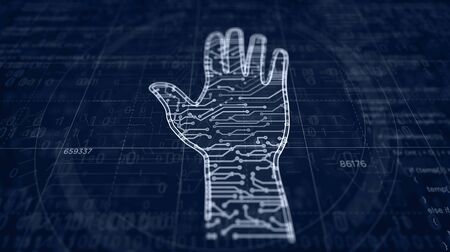 Cyber hand project creating. Abstract concept of advanced cybernetic technology, robotics, biometric and automation 3d illustration. Drawing digital scheme line of futuristic idea.の写真素材