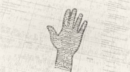 Cyber hand project creating. Abstract concept of advanced cybernetic technology, robotics, biometric and automation 3d illustration. Drawing digital scheme line of futuristic idea.の写真素材