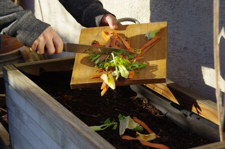 Ecology compost supply - kitchen waste recycling in backyard composter. The man throws leftover vegetables from the cutting board. Environmentally friendly lifestyle.の写真素材