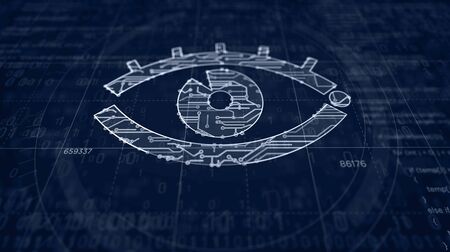 Cyber spying with eye symbol project creating. Abstract concept of surveillance, cyber spying, hacking and violation of privacy 3d illustration. Drawing digital scheme line of futuristic idea.の写真素材