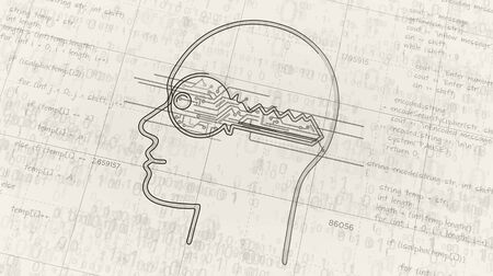 Cyber privacy project creating. Abstract concept of encryption, implant, artificial intelligence, cybernetic mind and private data security 3d illustration. Drawing digital scheme of futuristic idea.の写真素材