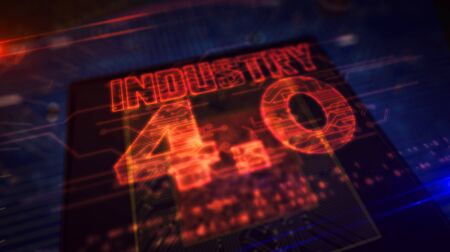 Industry 4.0 glowing hologram over working cpu in background. Modern and futuristic concept of...