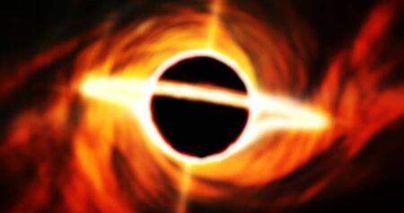 Black hole space. Star with matter cloud swirl ring and energy jets. Vortex in galaxy center around...