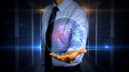 A businessman in a suit touch screen with esport cyber games symbol hologram. Man using hand on virtual display interface. Video gaming tournament and digital sport futuristic concept.の写真素材