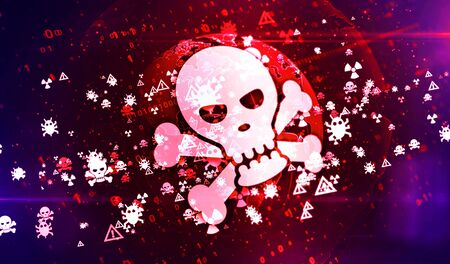 Cyber crime, hacker attack, virus, computer safety and privacy security symbols on digital globe 3d illustration. Abstract concept background of future technology, business globalization.の写真素材