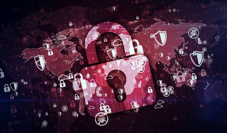 Cyber security, computer protection and digital safety symbols on digital globe 3d illustration. Abstract concept background of future technology, business globalization.の写真素材