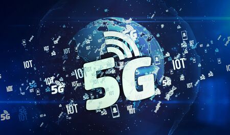 5G mobile communications, iot, data transmission, digital wireless network symbols on digital globe...