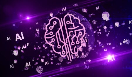 Artificial intelligence, cybernetic brain and machine learning symbols on digital globe 3d illustration. Abstract concept background of future technology.の写真素材