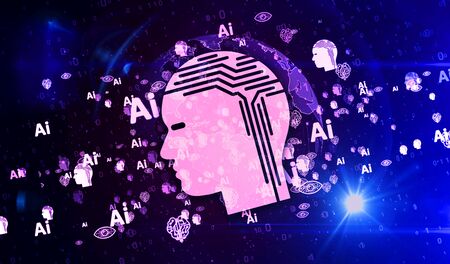 Artificial intelligence, cybernetic brain and machine learning symbols on digital globe 3d illustration. Abstract concept background of future technology.の写真素材