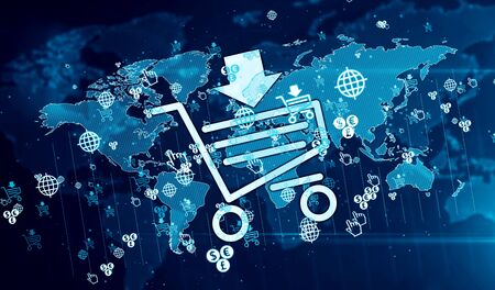 Online shopping, digital business, mobile shop and cyber commerce symbols on digital globe 3d...