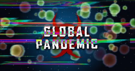 Covid-19 global pandemic alert. Epidemic alert symbols with cell in background and glitch noise...