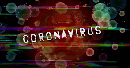 Covid-19 global pandemic alert. Epidemic alert symbols with cell in background and glitch noise effect. 3d rendering illustration.の写真素材