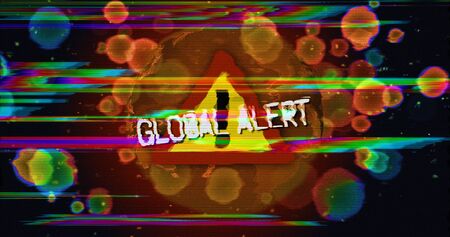 Covid-19 global pandemic alert. Epidemic alert symbols with cell in background and glitch noise effect. 3d rendering illustration.の写真素材