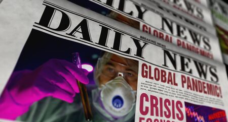 Global pandemic and crisis breaking news â daily newspaper printing. Danger warning in vintage paper media press production abstract concept. Retro style 3d rendering illustration.の写真素材