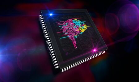 Artificial intelligence, cybernetic brain and machine learning technology. CPU production line...