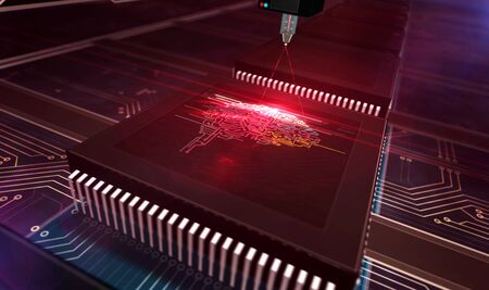 Artificial intelligence, cybernetic brain and machine learning technology. CPU production line abstract 3d rendering illustration. Processor factory with laser burning of AI symbols.の写真素材
