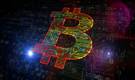 Bitcoin mining. Cryptocurrency, virtual money and blockchain tachnology production line abstract 3d...