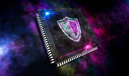 Cyber security. Digital shield, firewall and computer protection technology. Futuristic concept CPU production line abstract 3d rendering illustration. Processor factory with laser burning symbols.の写真素材