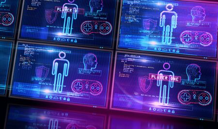 Create and code new game on computer screen. Cyber video gaming, digital esport and computer play concept 3d illustration with glitch effect.の写真素材