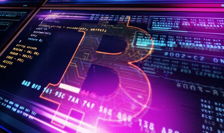 Bitcoin mining on computer screen. Digital crypto currency, cyber money and digital banking concept...