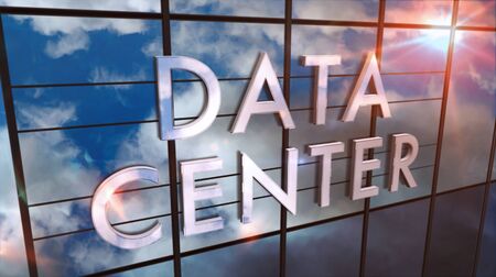 Data center with cloud symbol glass building. Server, cloud, computer network, computing, database...