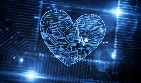 Cyber life and beating heart. Love, digital dating, robotics, health technology concept production line abstract 3d rendering illustration. Processor factory with laser burning symbols.の写真素材