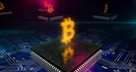Bitcoin mining, cryptocurrency, virtual money and blockchain tachnology. Digital currency abstract...