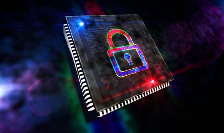 Cyber security abstract concept. Digital safety, computer protection technology. Futuristic production line abstract 3d rendering illustration. Processor factory with padlock symbol laser burning.の写真素材