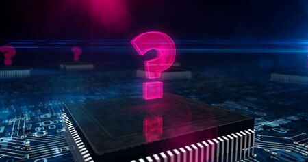 Question mark 3d illustration. Quest sign, searching, help, knowledge and problem abstract concept symbol. Camera moving on dynamic virtual crane around icon.の写真素材
