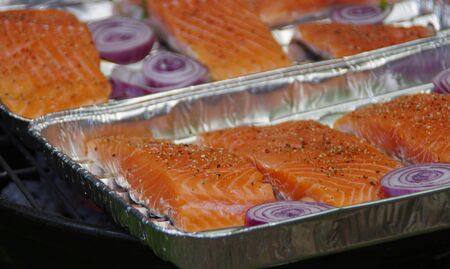 Salmon and onion on the garden grill. Eating outdoors or camping. Hot and fresh pieces of fish.の写真素材
