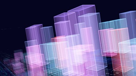 Cyber city aerial view from virtual drone over scyscrapers. Abstract hologram buildings 3D rendering...