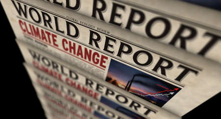 Climate change world report, global warming, ecology and environmental crisis news. Daily newspaper print. Vintage paper media press production abstract concept. Retro style 3d rendering illustration.の写真素材