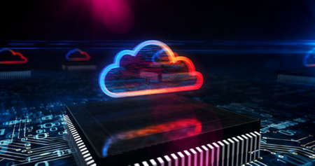 Digital computing cloud symbol. Cyber technology, internet data storage, database and mobile server...