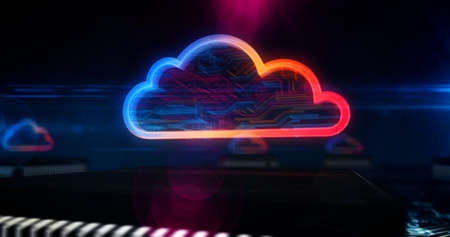 Digital computing cloud symbol. Cyber technology, internet data storage, database and mobile server...