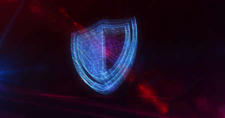 Cyber security. Digital shield, firewall and computer protection technology. Futuristic concept 3D symbol over the working computer board circuit. Abstract background illustration.の写真素材