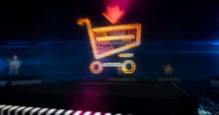 Digital shopping cart. Cyber business, marketing, online shop and sale technology concept. Futuristic 3D icon flying over computer board circuit. Abstract background illustration.の写真素材