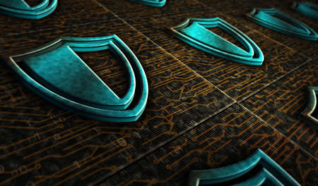 Cyber security, computer protection, digital safety technology with shield metal symbols. Abstract...