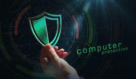 Cyber security, computer protection, digital safety technology with shield metal symbols. Abstract concept 3d rendering illustration.の写真素材