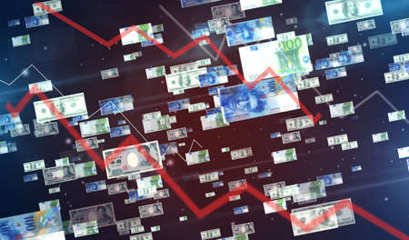 Dollar, Euro, Yen and Swiss Franc banknotes 3d illustration. Abstract concept background of banking, money, finance, cash, global economy, business, capital, cirisis.の写真素材
