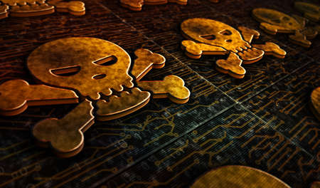 Cyber crime, security breach, hacking computer protection, piracy and data theft technology with skull metal symbols. Abstract concept 3d rendering illustration.の写真素材