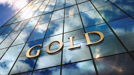 Gold reserve safe bank on glass building. Mirrored sky and city modern facade. Business safety...