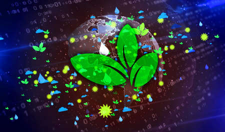 Environment and ecology symbols 3d illustration. Abstract concept background of earth, water, sun,...