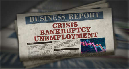 Crisis, bankruptcy and unemployment business news. Daily newspaper print. Vintage paper media press...