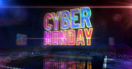 Cyber Monday sale, digital shopping, business, marketing, online shop and retail promotion concept. Futuristic 3D icon flying over computer board circuit. Abstract background illustration.の写真素材