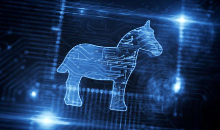Trojan attack, digital theft, identity spying, cyber crime, malware, phishing and hacking symbol concept. Futuristic 3D icon flying over computer board circuit. Abstract background illustration.の写真素材